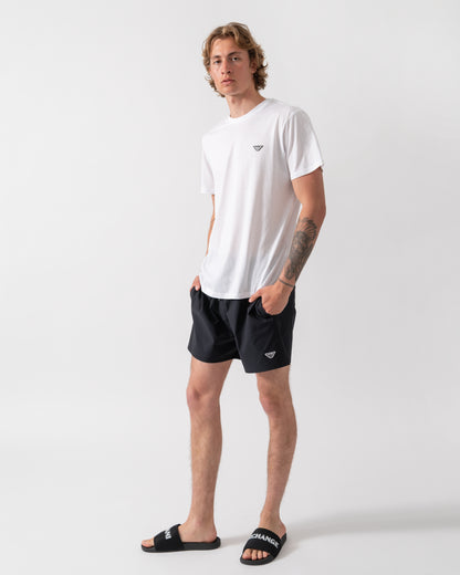 full length shot of a model wearing an Emporio Armani Mens Beach T-Shirt with Eagle Logo in White