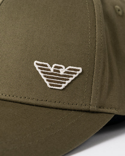 logo detail of Emporio Armani Mens Cap with Eagle Logo in Dark Olive
