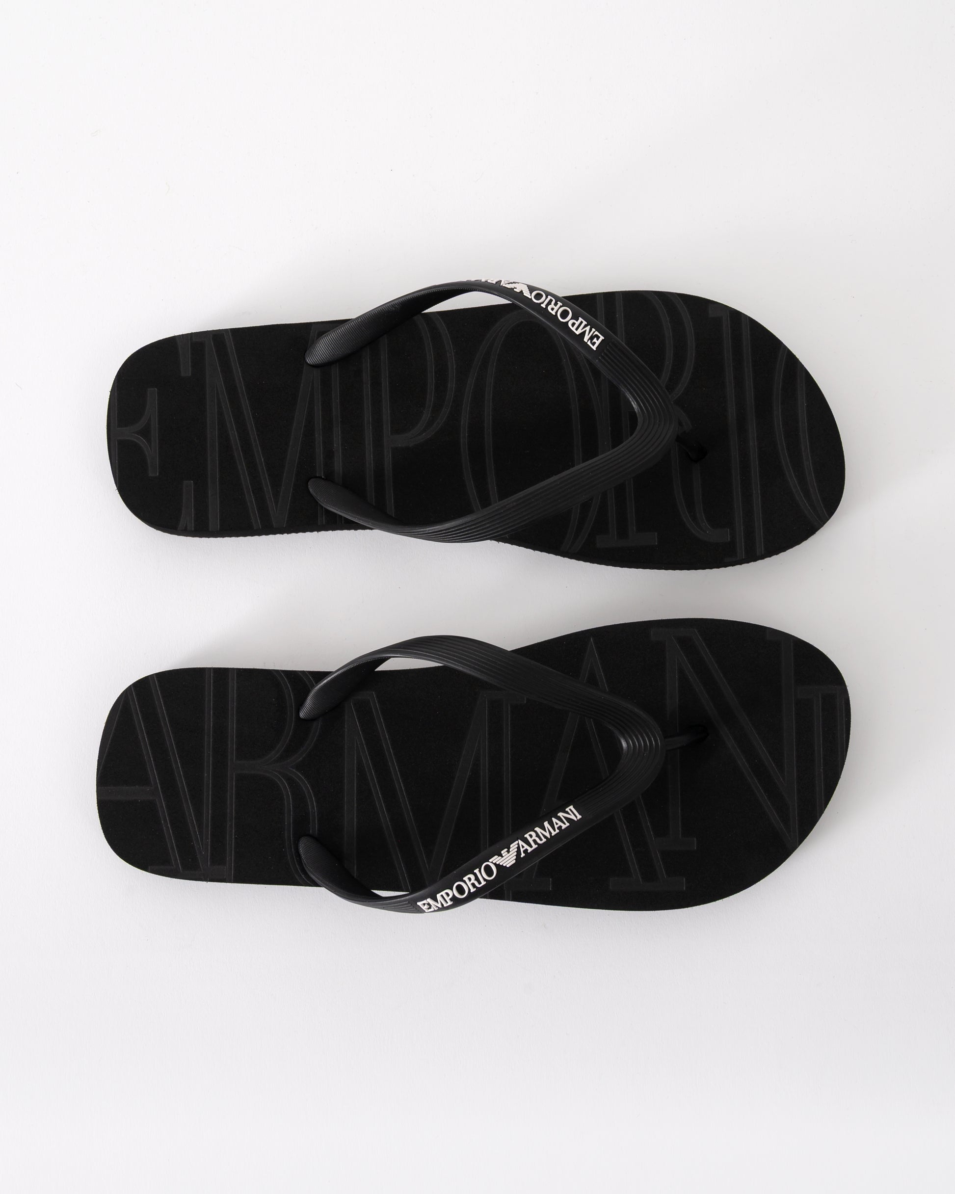 top shot of Emporio Armani Mens Flip Flops with Logo Strap in Black and White