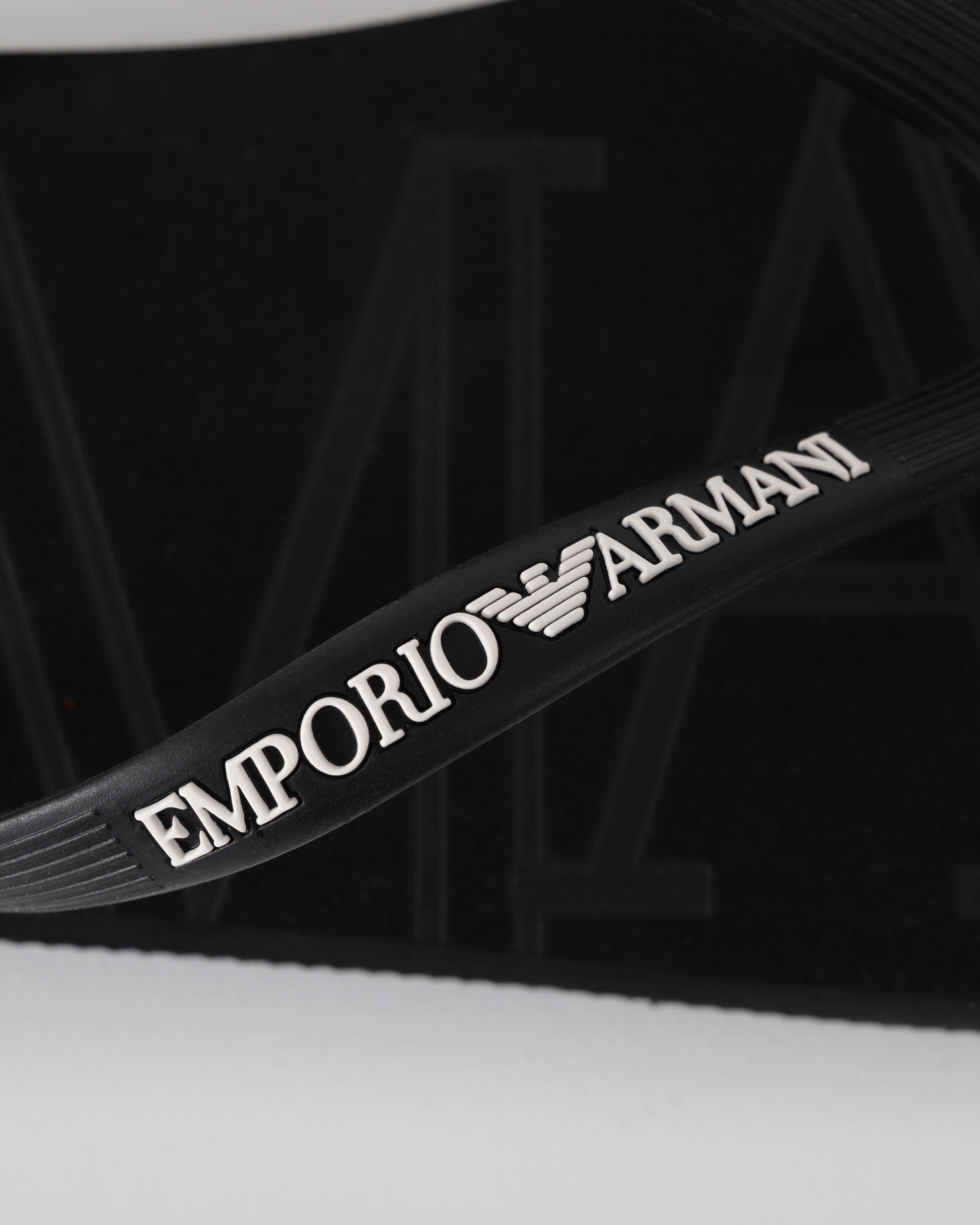 logo detail of Emporio Armani Mens Flip Flops with Logo Strap in Black and White