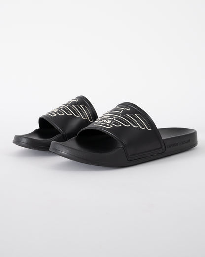 studio shot of Emporio Armani Mens PVC Pool Slides with Eagle Logo in Black and Whisper White