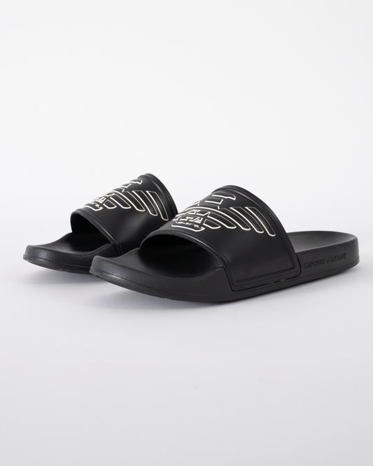 studio shot of Emporio Armani Mens PVC Pool Slides with Eagle Logo in Black and Whisper White