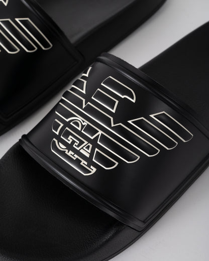 logo detail of Emporio Armani Mens PVC Pool Slides with Eagle Logo in Black and Whisper White