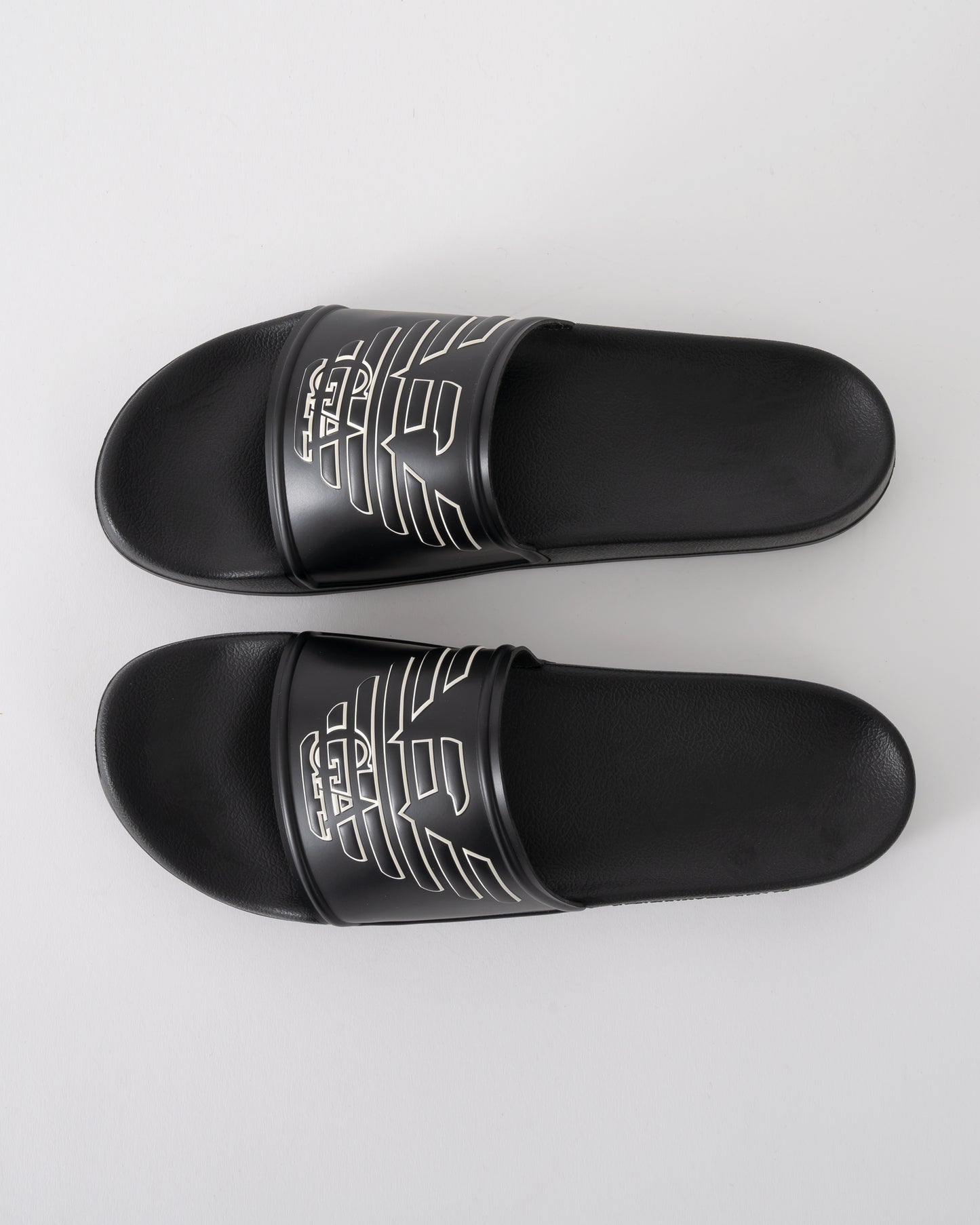 top of Emporio Armani Mens PVC Pool Slides with Eagle Logo in Black and Whisper White