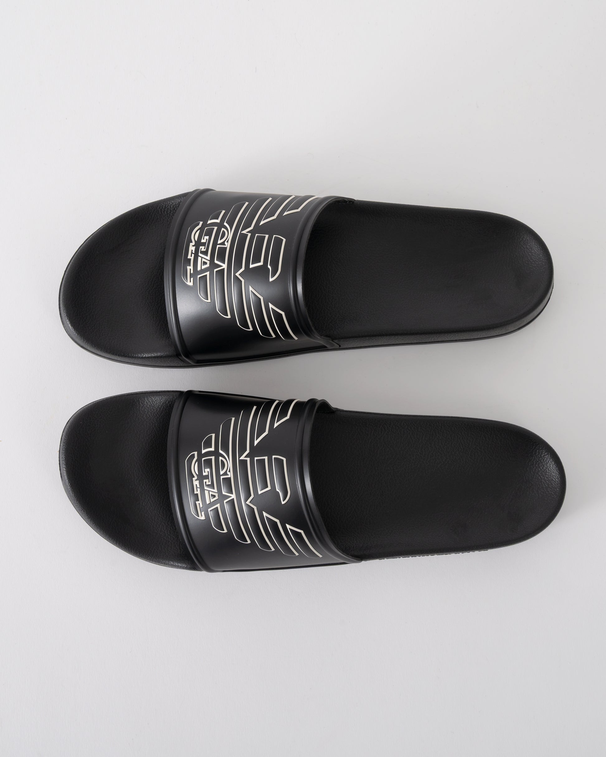top of Emporio Armani Mens PVC Pool Slides with Eagle Logo in Black and Whisper White