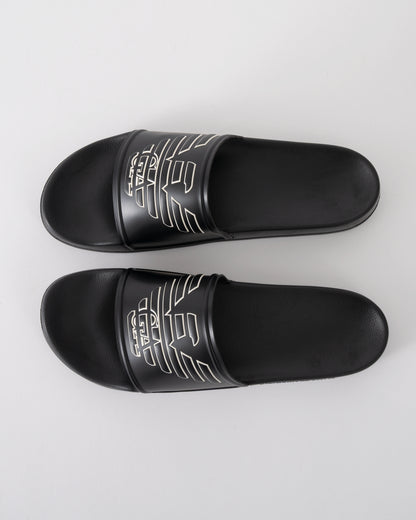 top of Emporio Armani Mens PVC Pool Slides with Eagle Logo in Black and Whisper White