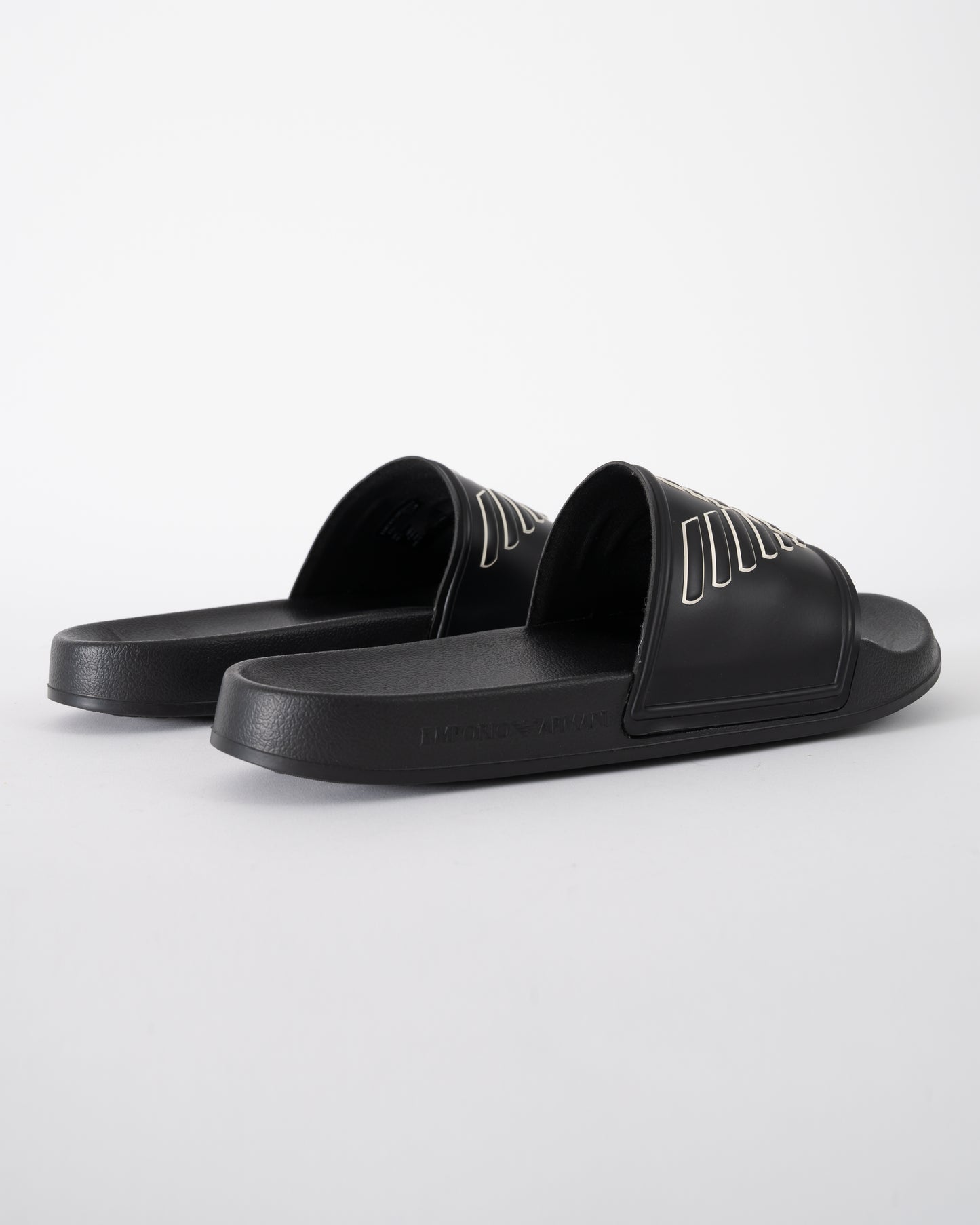 back of Emporio Armani Mens PVC Pool Slides with Eagle Logo in Black and Whisper White