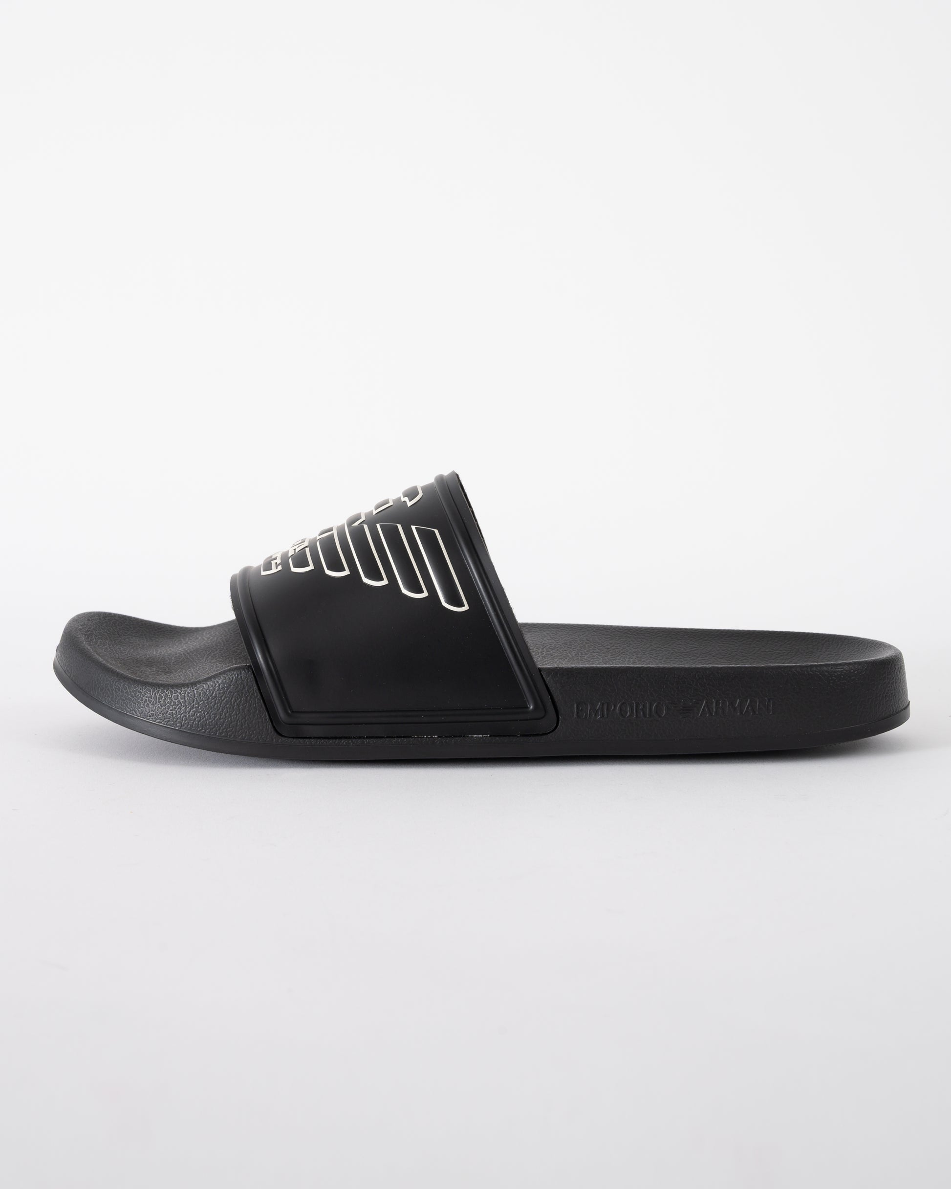 side of Emporio Armani Mens PVC Pool Slides with Eagle Logo in Black and Whisper White