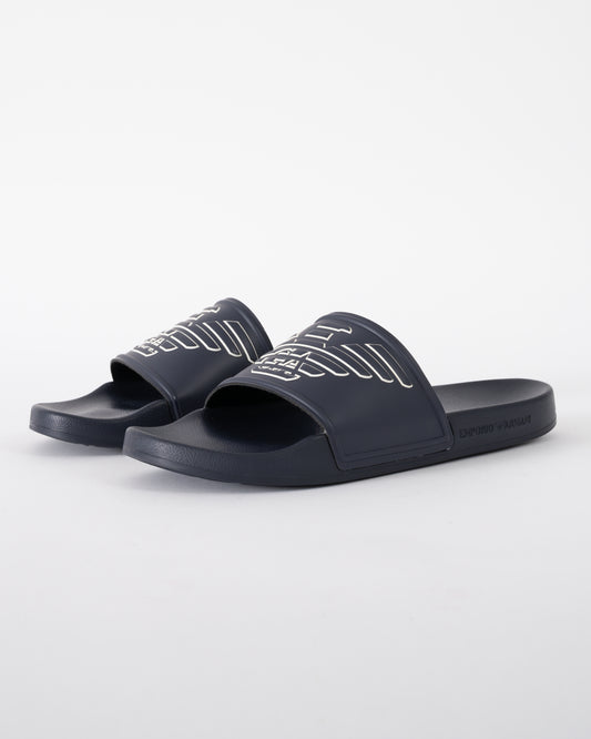 studio shot of Emporio Armani Mens PVC Pool Slides with Eagle Logo in Blue and Whisper White