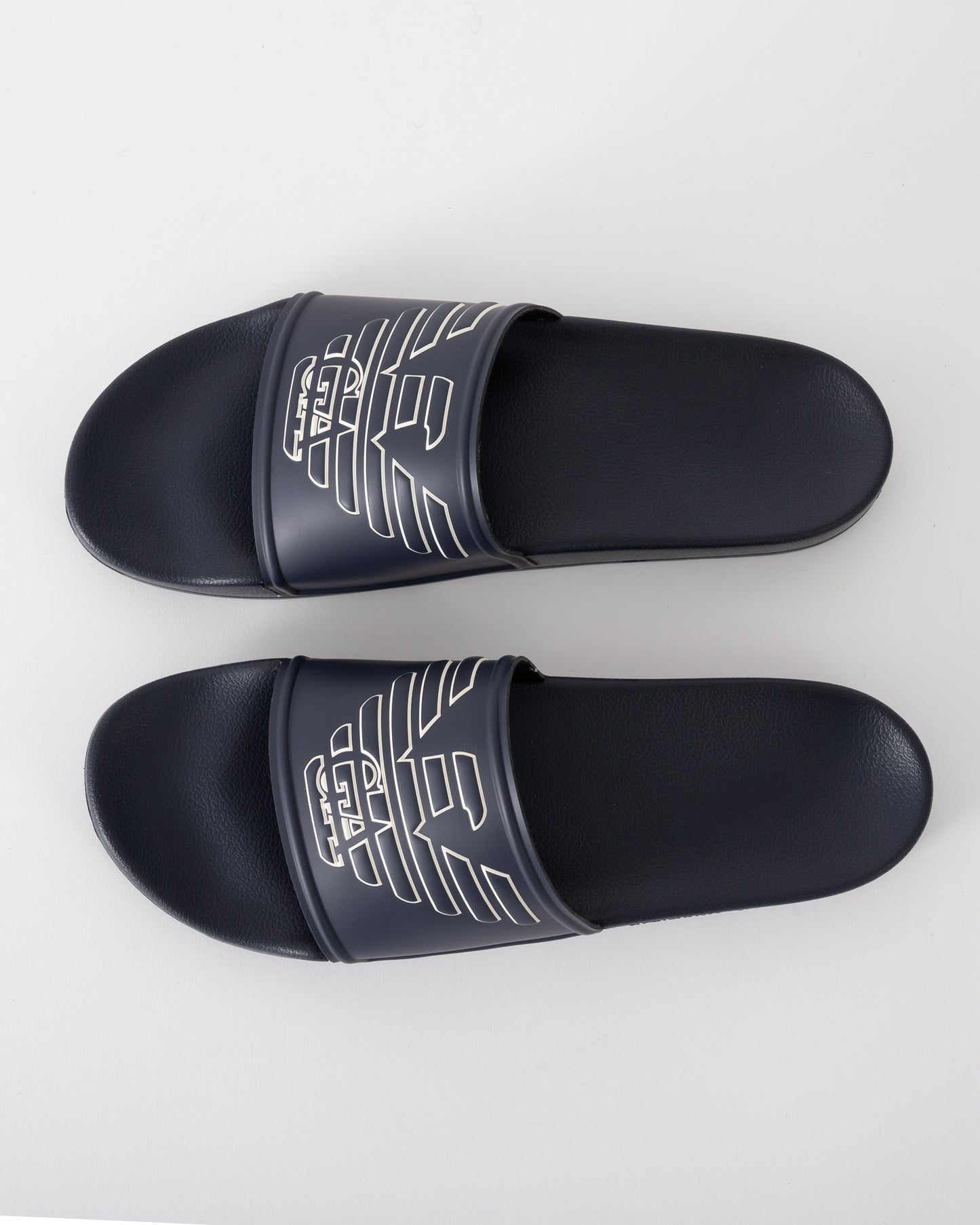 top of Emporio Armani Mens PVC Pool Slides with Eagle Logo in Blue and Whisper White