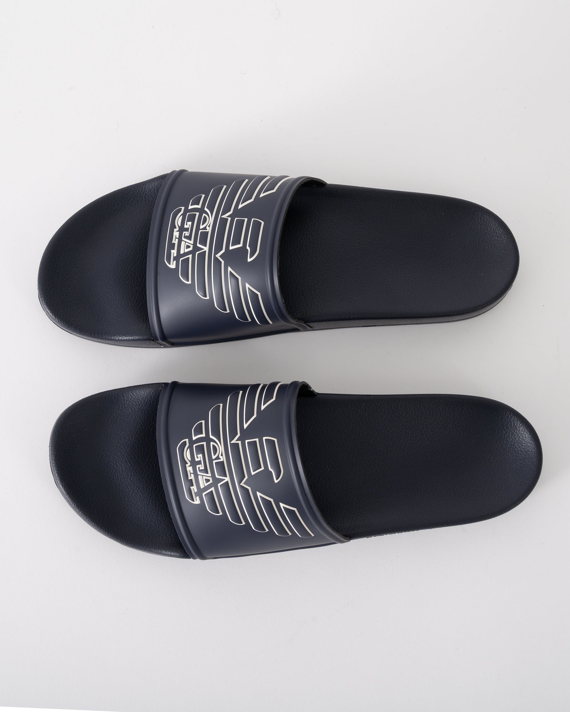 top of Emporio Armani Mens PVC Pool Slides with Eagle Logo in Blue and Whisper White