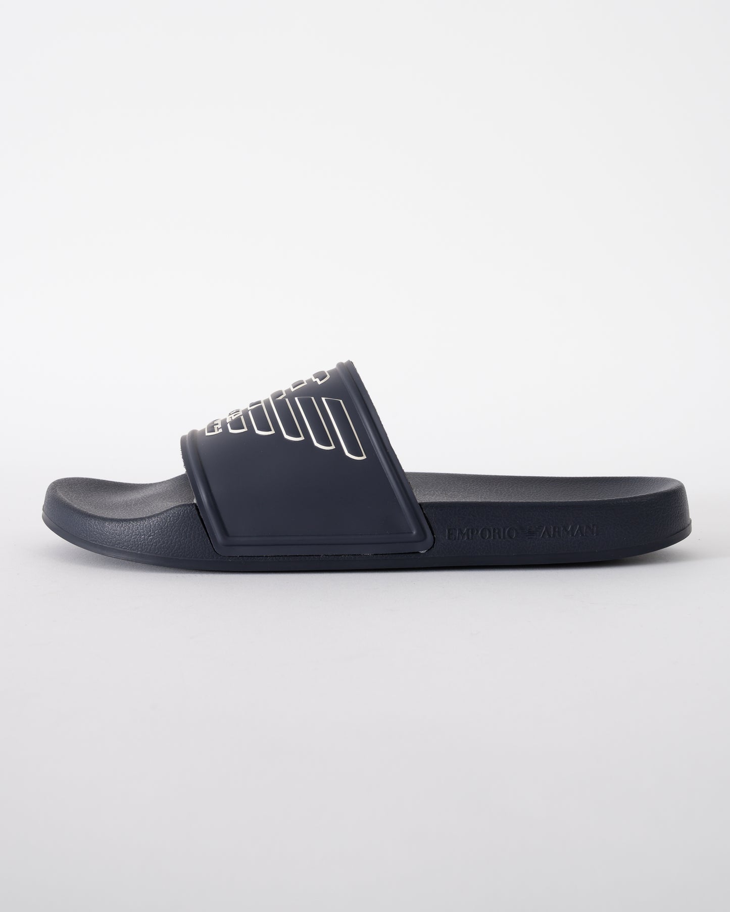 side of Emporio Armani Mens PVC Pool Slides with Eagle Logo in Blue and Whisper White