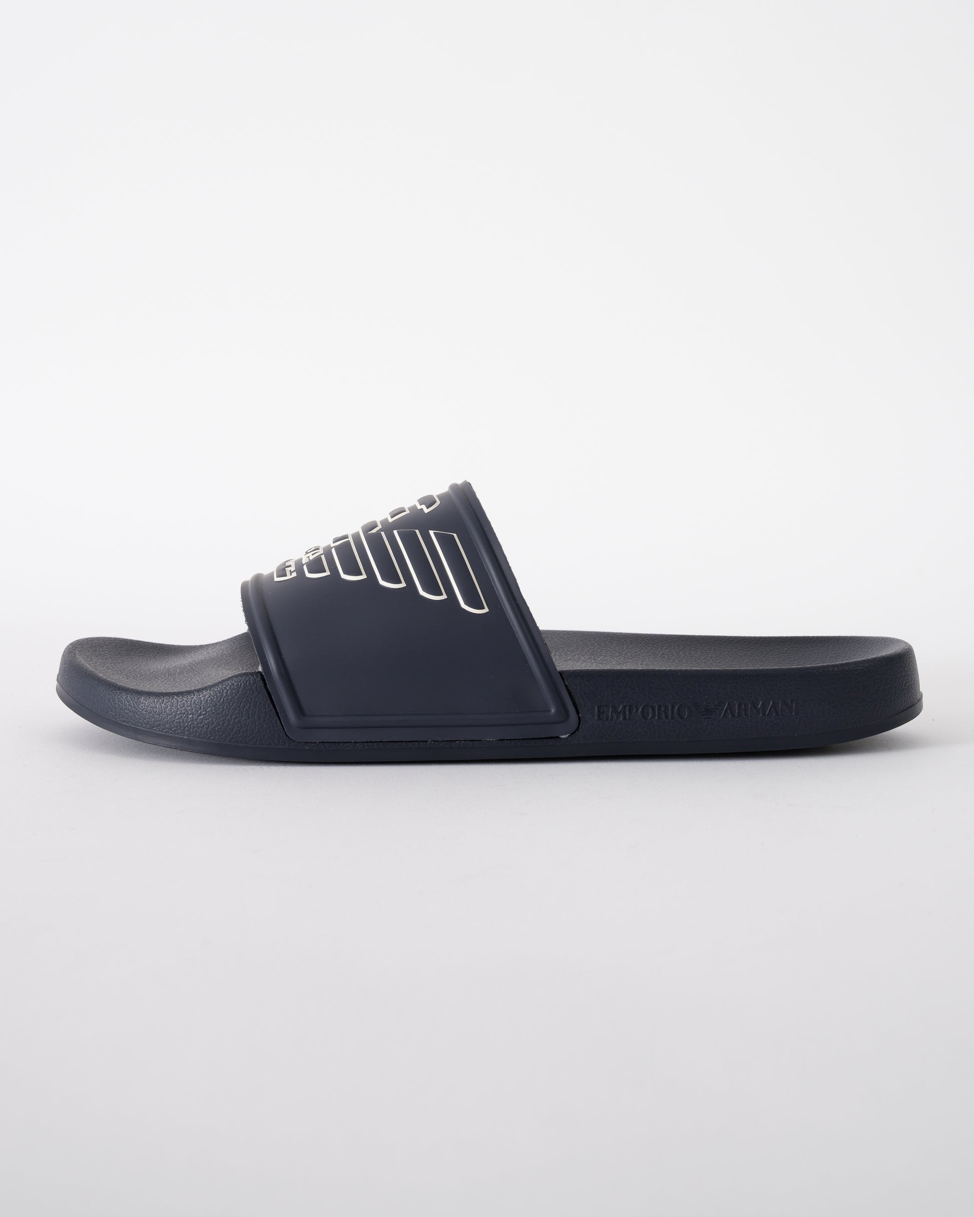 side of Emporio Armani Mens PVC Pool Slides with Eagle Logo in Blue and Whisper White