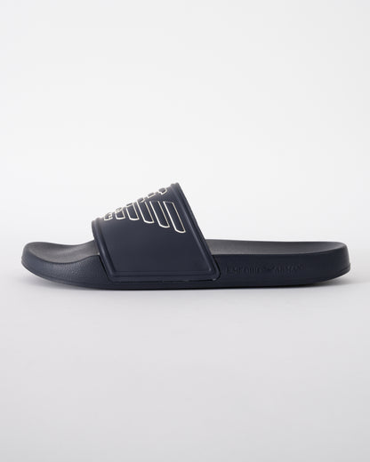 side of Emporio Armani Mens PVC Pool Slides with Eagle Logo in Blue and Whisper White