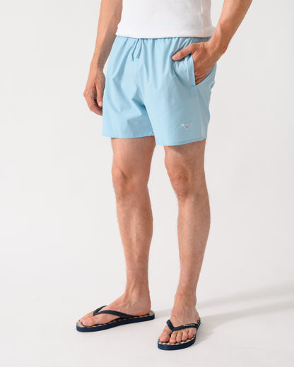 model wearing a pair of Emporio Armani Mens Swim Shorts with Eagle Logo in Sky