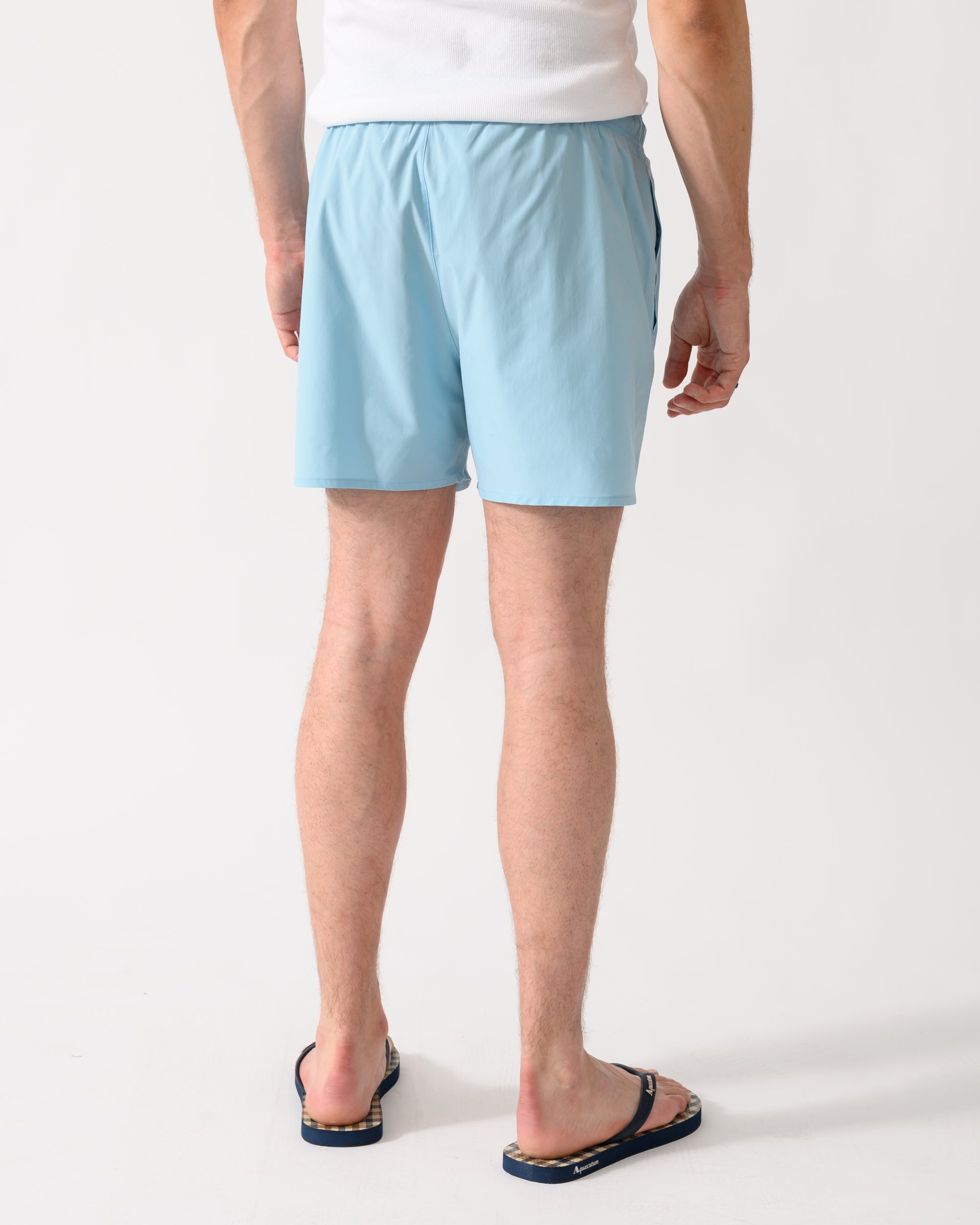 back shot of a model wearing a pair of Emporio Armani Mens Swim Shorts with Eagle Logo in Sky