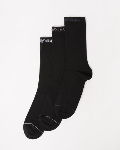 Emporio Armani 3 Pack Mens Eagle Logo Sport Socks - Black/Black/Black MC215