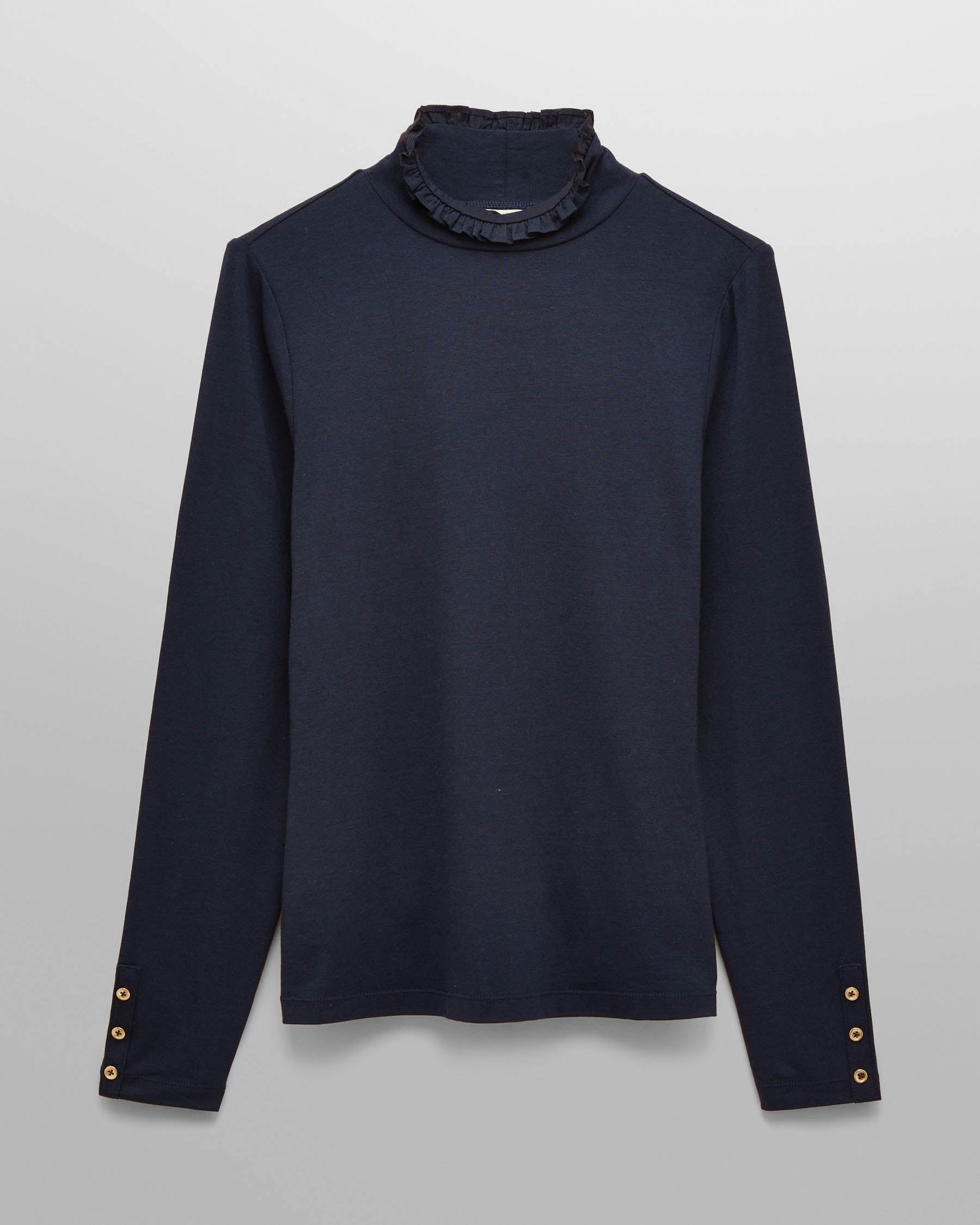 Joules Amy Womens Frill Neck Top - Navy | CHO | Designer Womens Long Sleeve Tops
