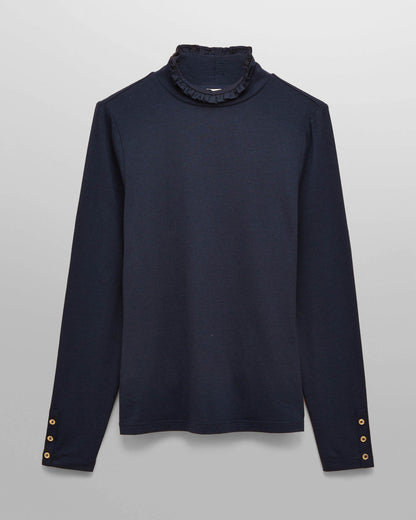 Joules Amy Womens Frill Neck Top - Navy | CHO | Designer Womens Long Sleeve Tops