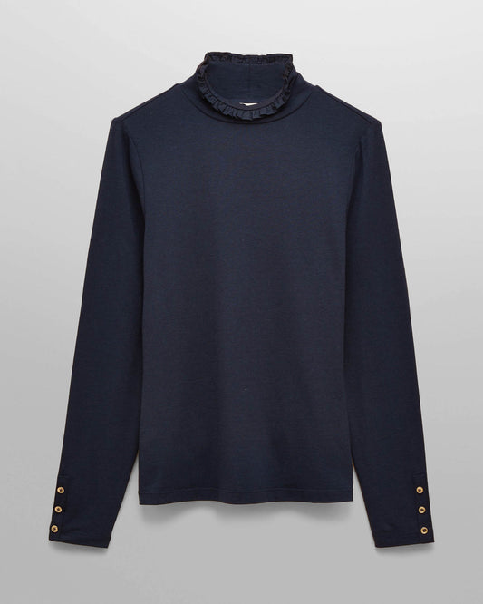 Joules Amy Womens Frill Neck Top - Navy | CHO | Designer Womens Long Sleeve Tops