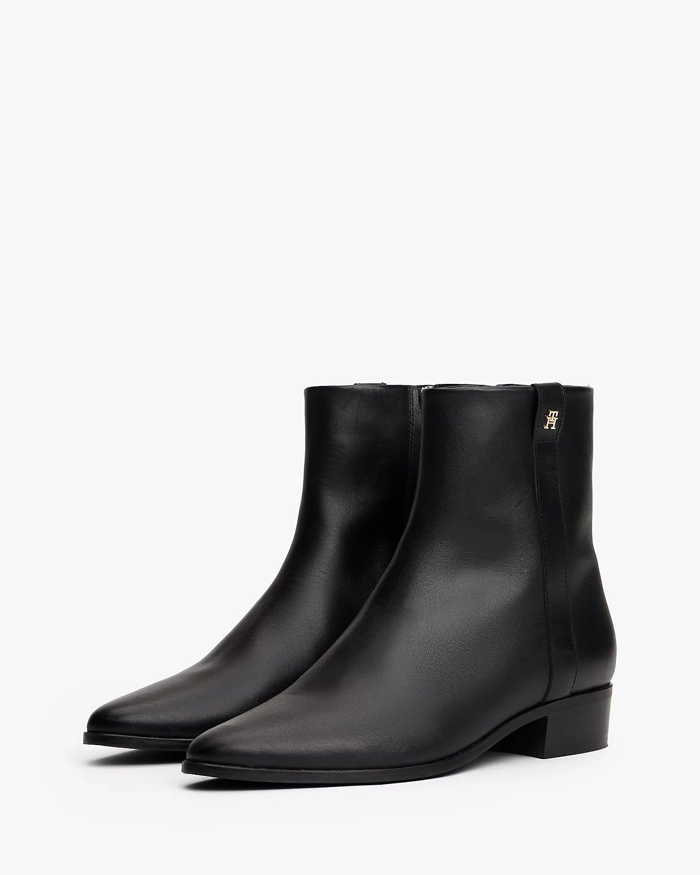 Tommy Hilfiger TH Leather Pointy Womens Zipped Booties - Black - CHO - Designer Womens Short Boots