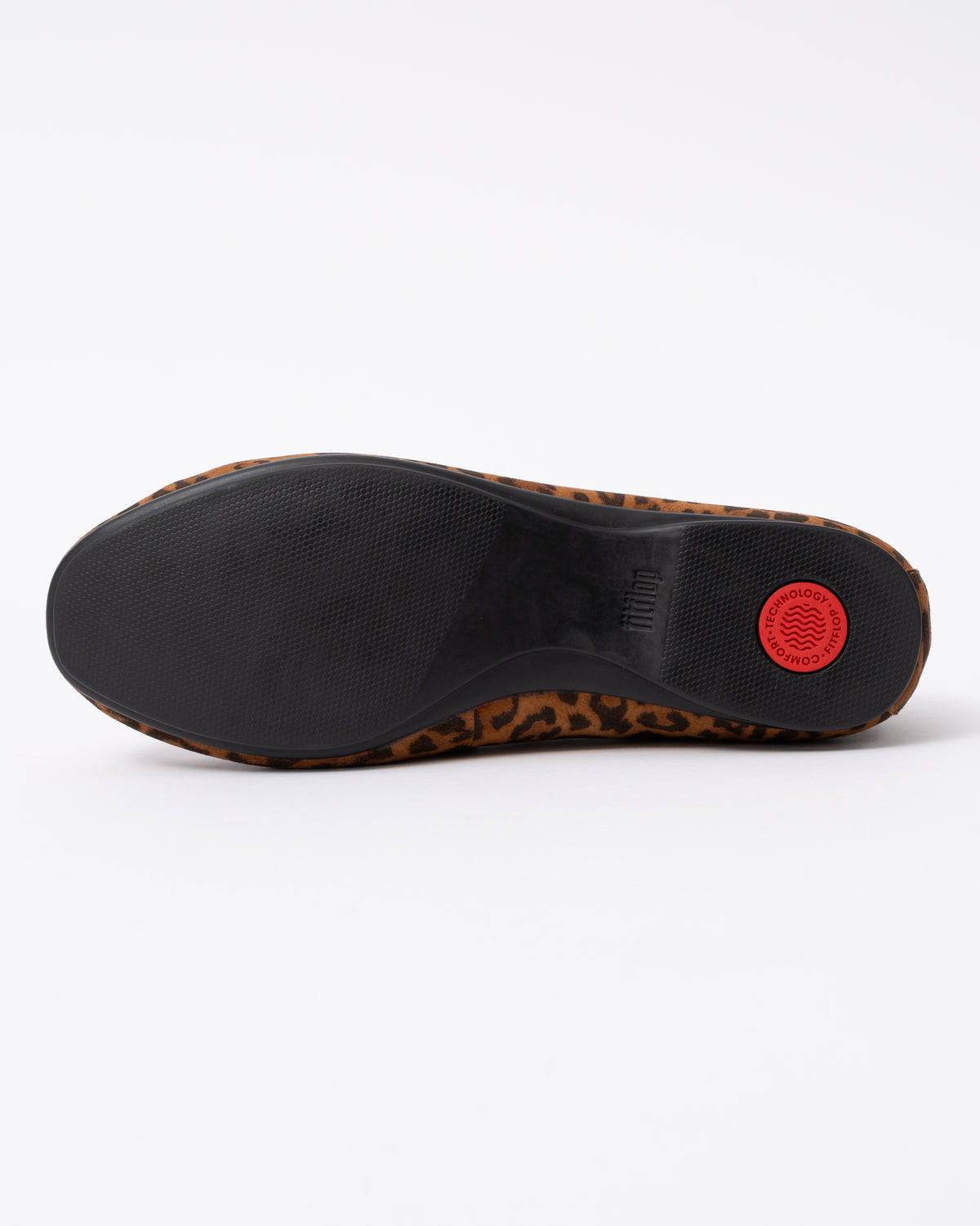 sole of FitFlop Delicato Womens Suede Leopard Loafers - Tan/Black E76