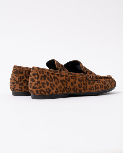 back of FitFlop Delicato Womens Suede Leopard Loafers - Tan/Black E76