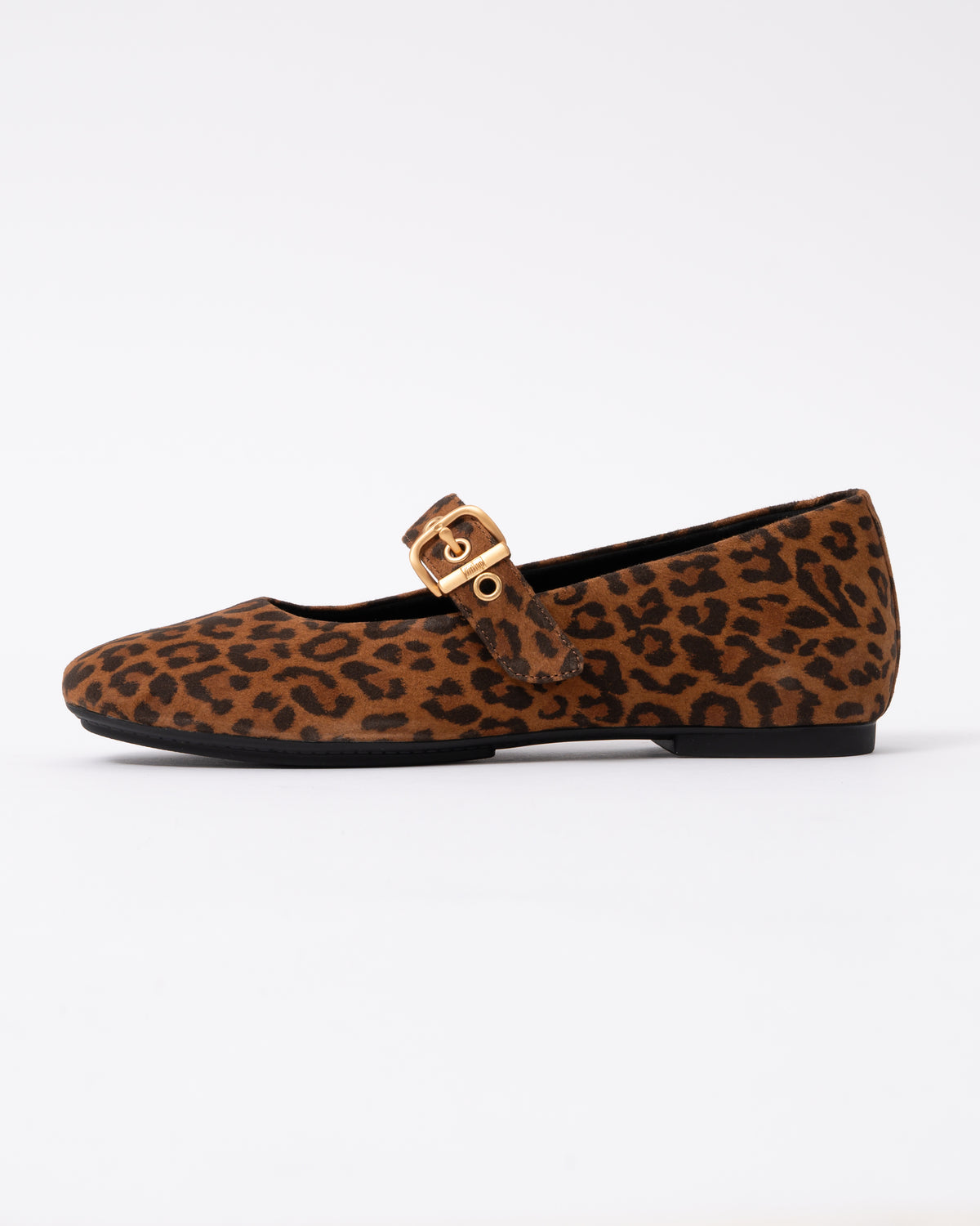 side view of FitFlop Delicato Womens Suede Leopard Mary Janes - Tan/Black E76