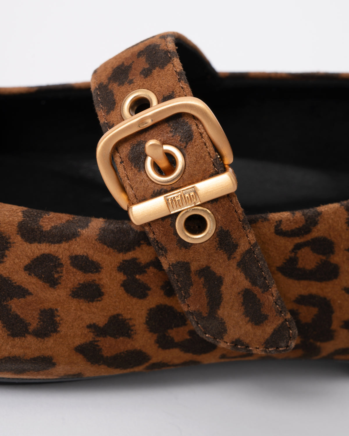 buckle detail of FitFlop Delicato Womens Suede Leopard Mary Janes - Tan/Black E76