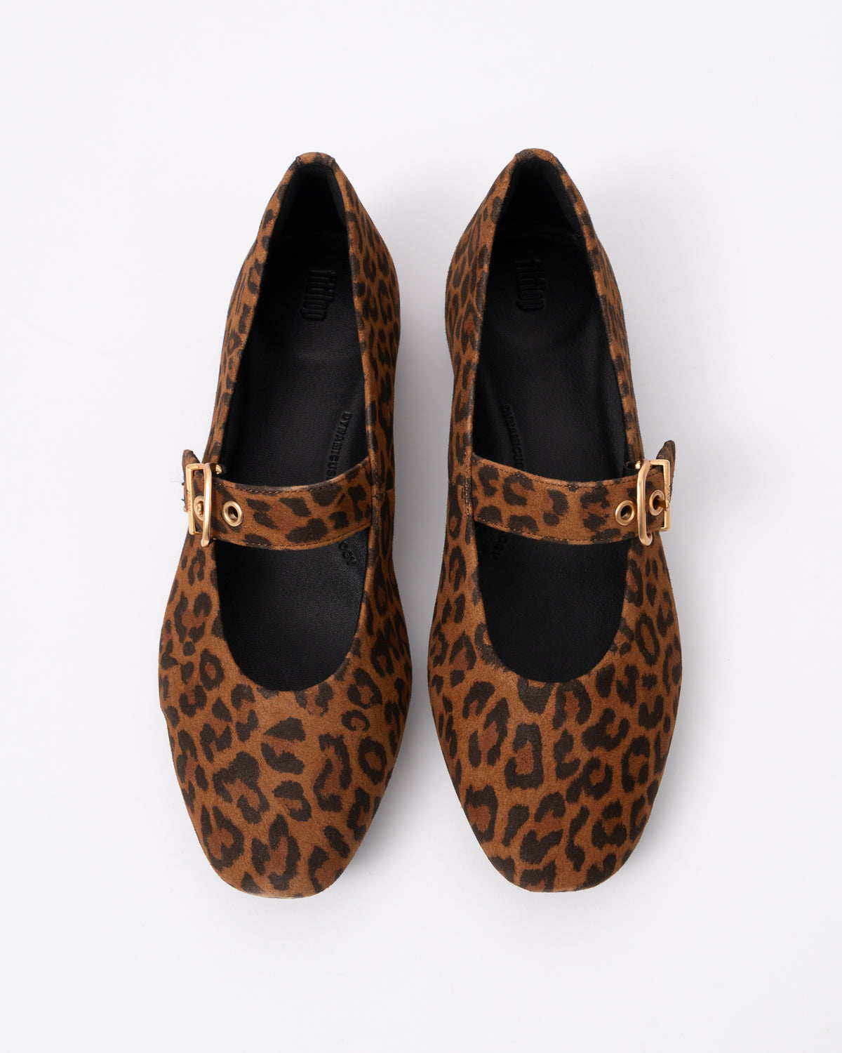 top view of FitFlop Delicato Womens Suede Leopard Mary Janes - Tan/Black E76
