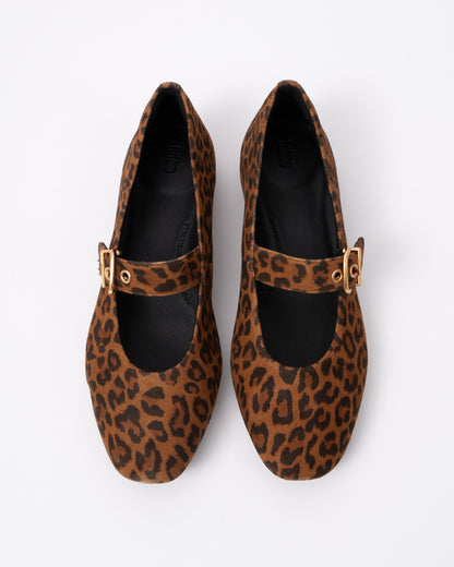 top view of FitFlop Delicato Womens Suede Leopard Mary Janes - Tan/Black E76