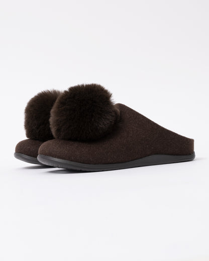 Front of the FitFlop IQ-Snug Womens Felt Pom Pom Slipper - Chocolate Brown 167