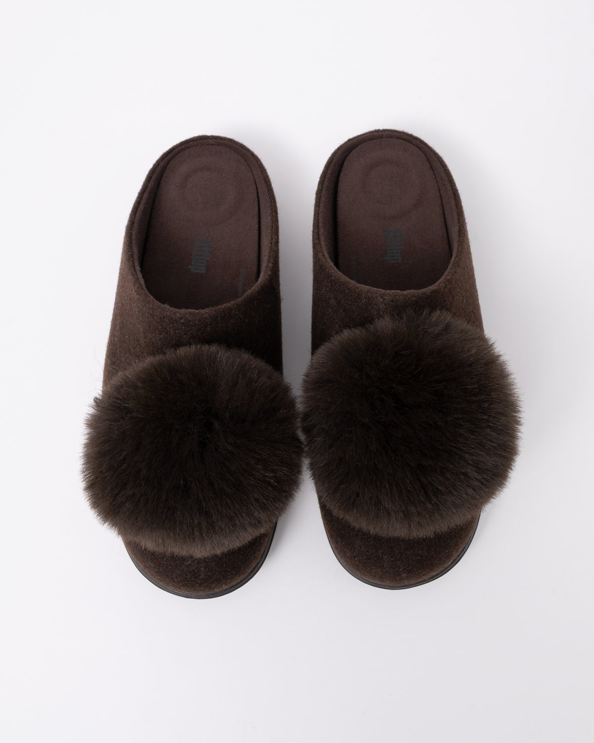 Top view of the FitFlop IQ-Snug Womens Felt Pom Pom Slipper - Chocolate Brown 167