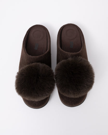 Top view of the FitFlop IQ-Snug Womens Felt Pom Pom Slipper - Chocolate Brown 167