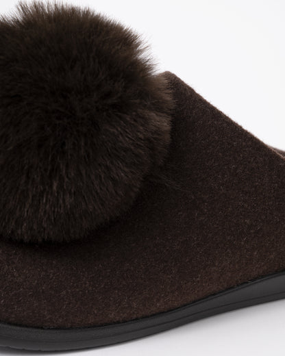 Close up of the FitFlop IQ-Snug Womens Felt Pom Pom Slipper - Chocolate Brown 167