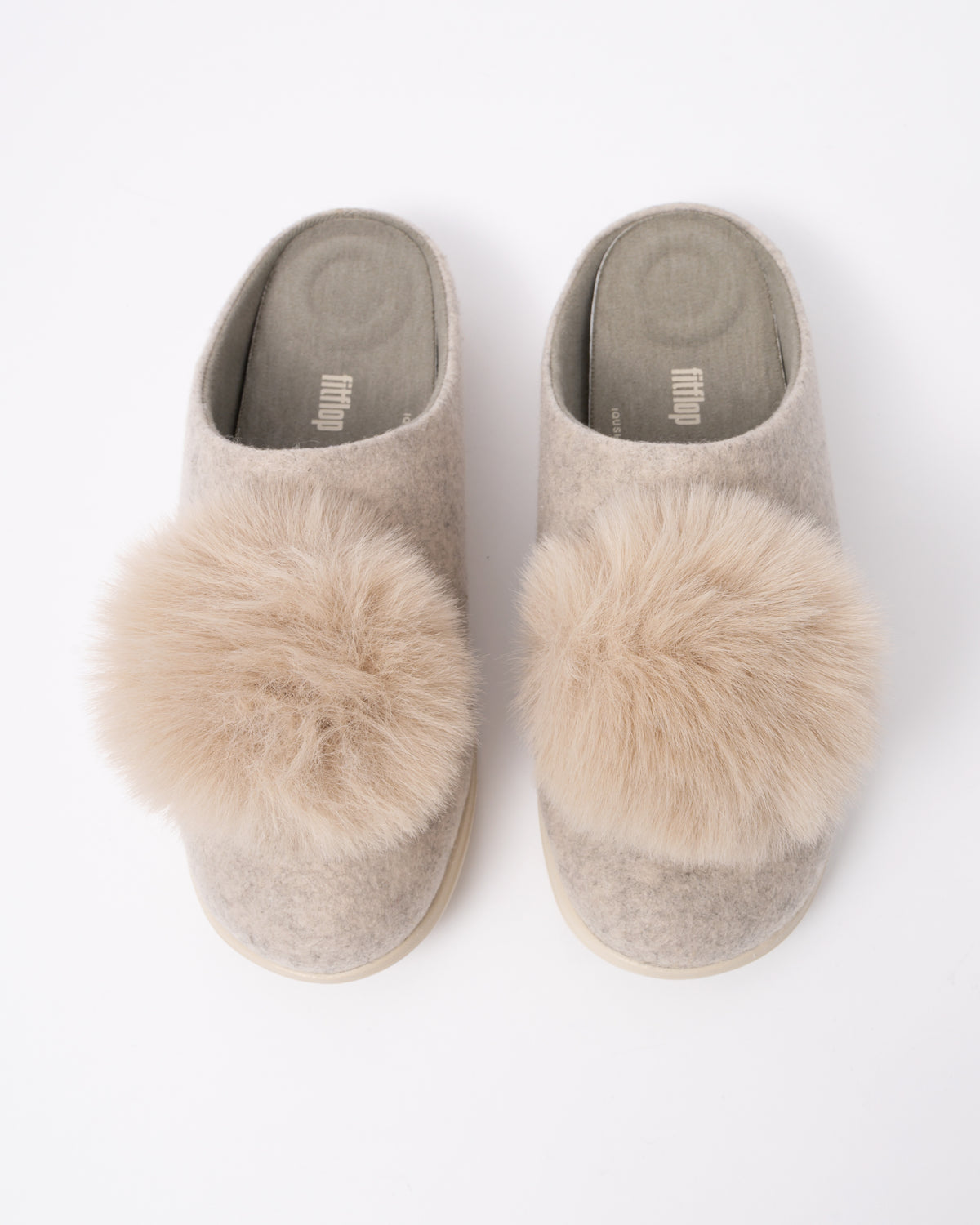 Top view of the FitFlop IQ-Snug Womens Felt Pom Pom Slipper - Hazy Taupe E40