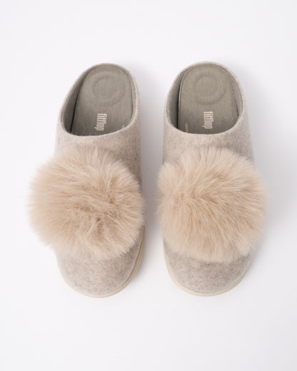Top view of the FitFlop IQ-Snug Womens Felt Pom Pom Slipper - Hazy Taupe E40