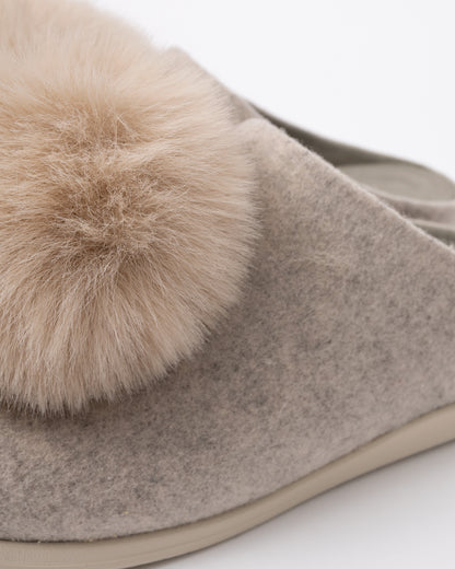 Close up of the FitFlop IQ-Snug Womens Felt Pom Pom Slipper - Hazy Taupe E40