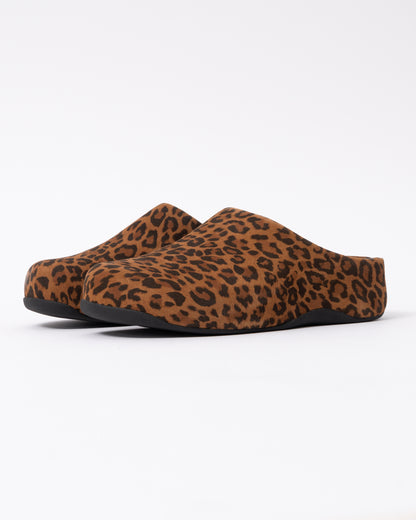 FitFlop Shuv Womens Suede Leopard Mules - Tan/Black E76