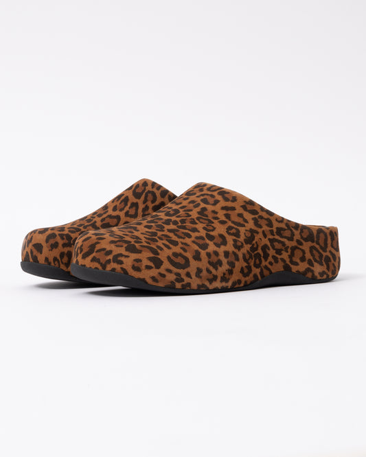 FitFlop Shuv Womens Suede Leopard Mules - Tan/Black E76
