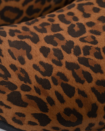 close up of FitFlop Shuv Womens Suede Leopard Mules - Tan/Black E76