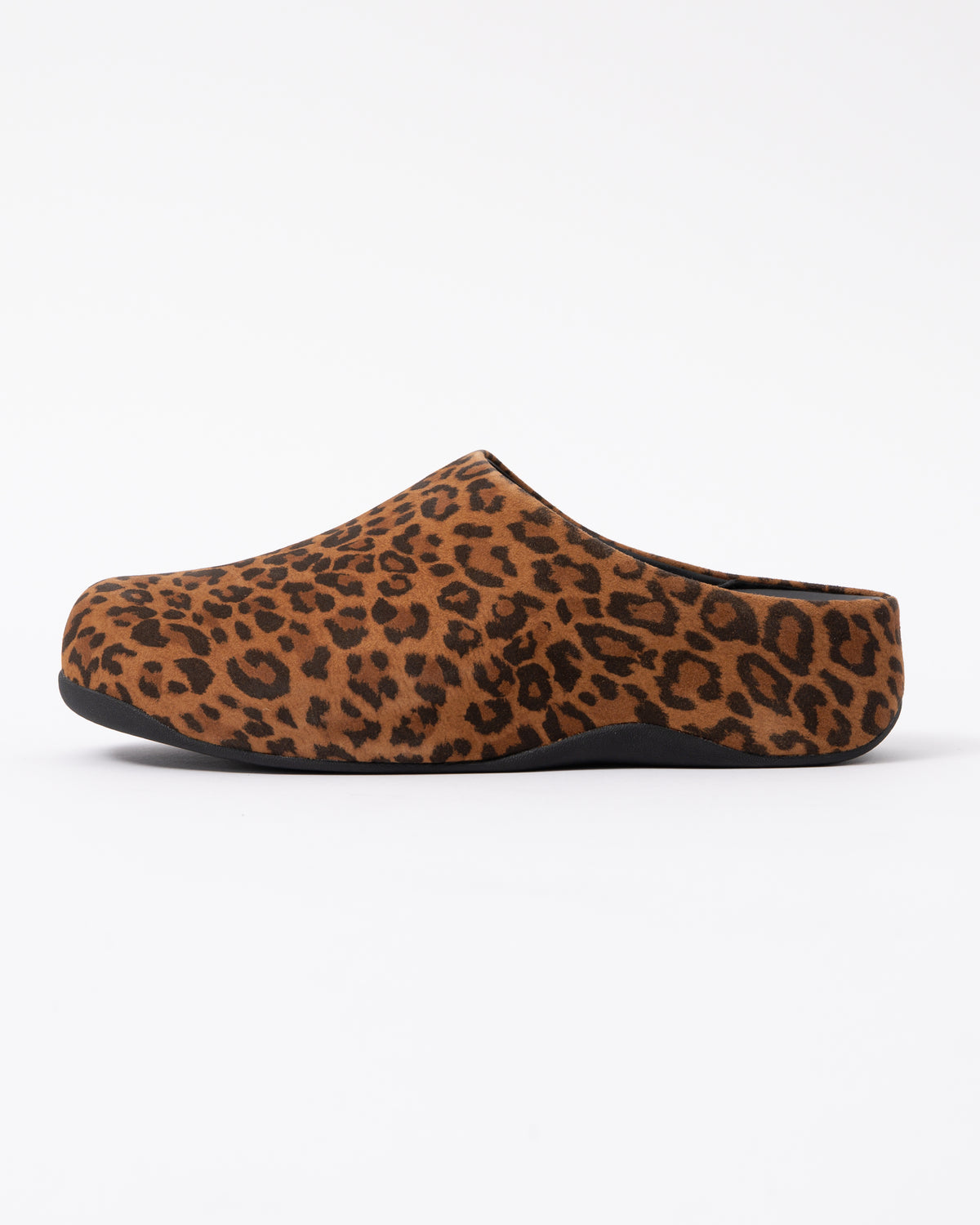 side view of FitFlop Shuv Womens Suede Leopard Mules - Tan/Black E76