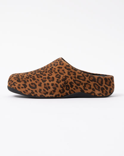 side view of FitFlop Shuv Womens Suede Leopard Mules - Tan/Black E76
