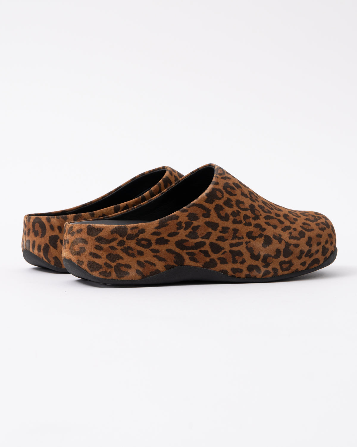 back view of FitFlop Shuv Womens Suede Leopard Mules - Tan/Black E76