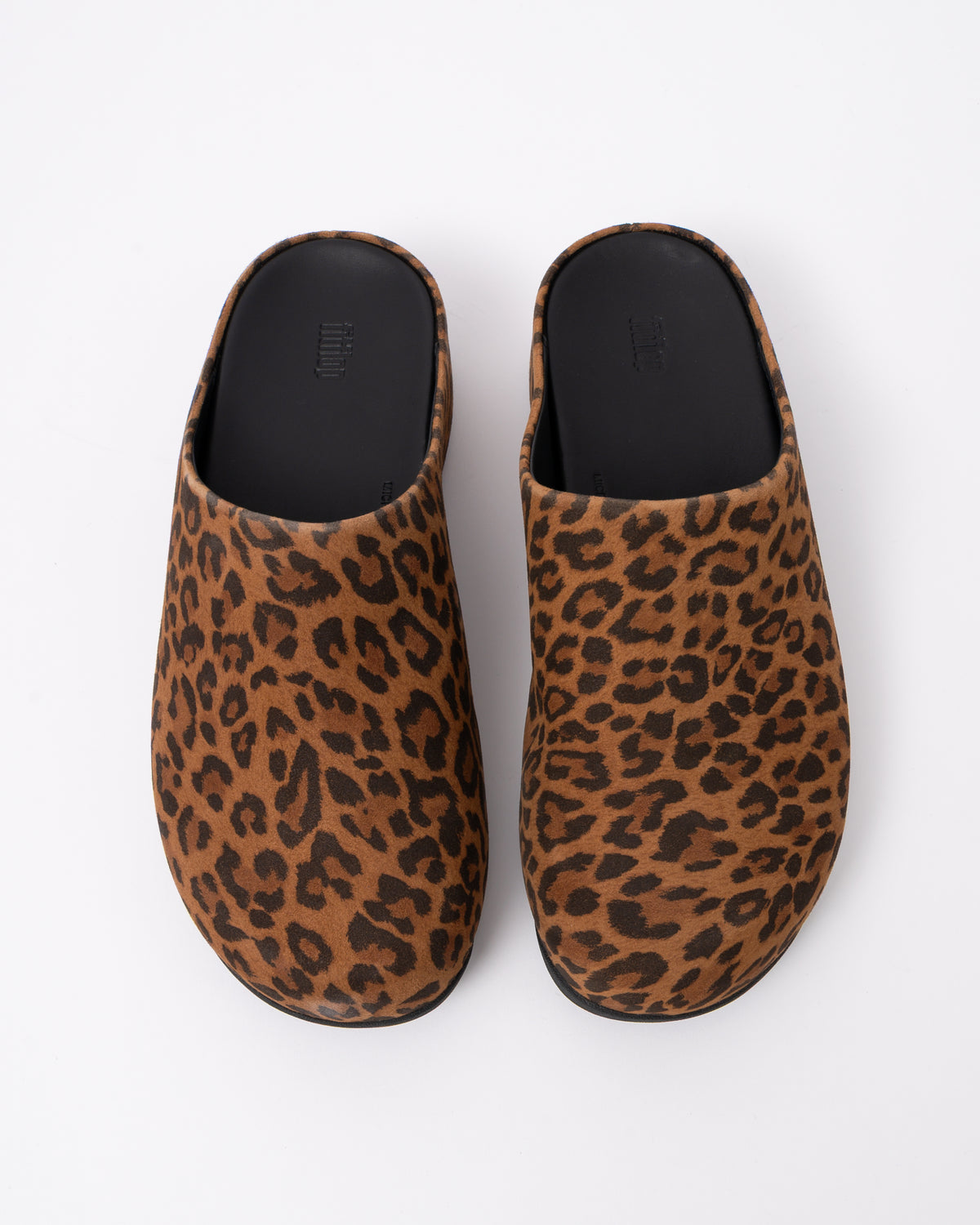 top view of FitFlop Shuv Womens Suede Leopard Mules - Tan/Black E76
