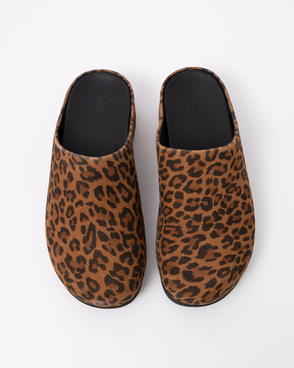 top view of FitFlop Shuv Womens Suede Leopard Mules - Tan/Black E76