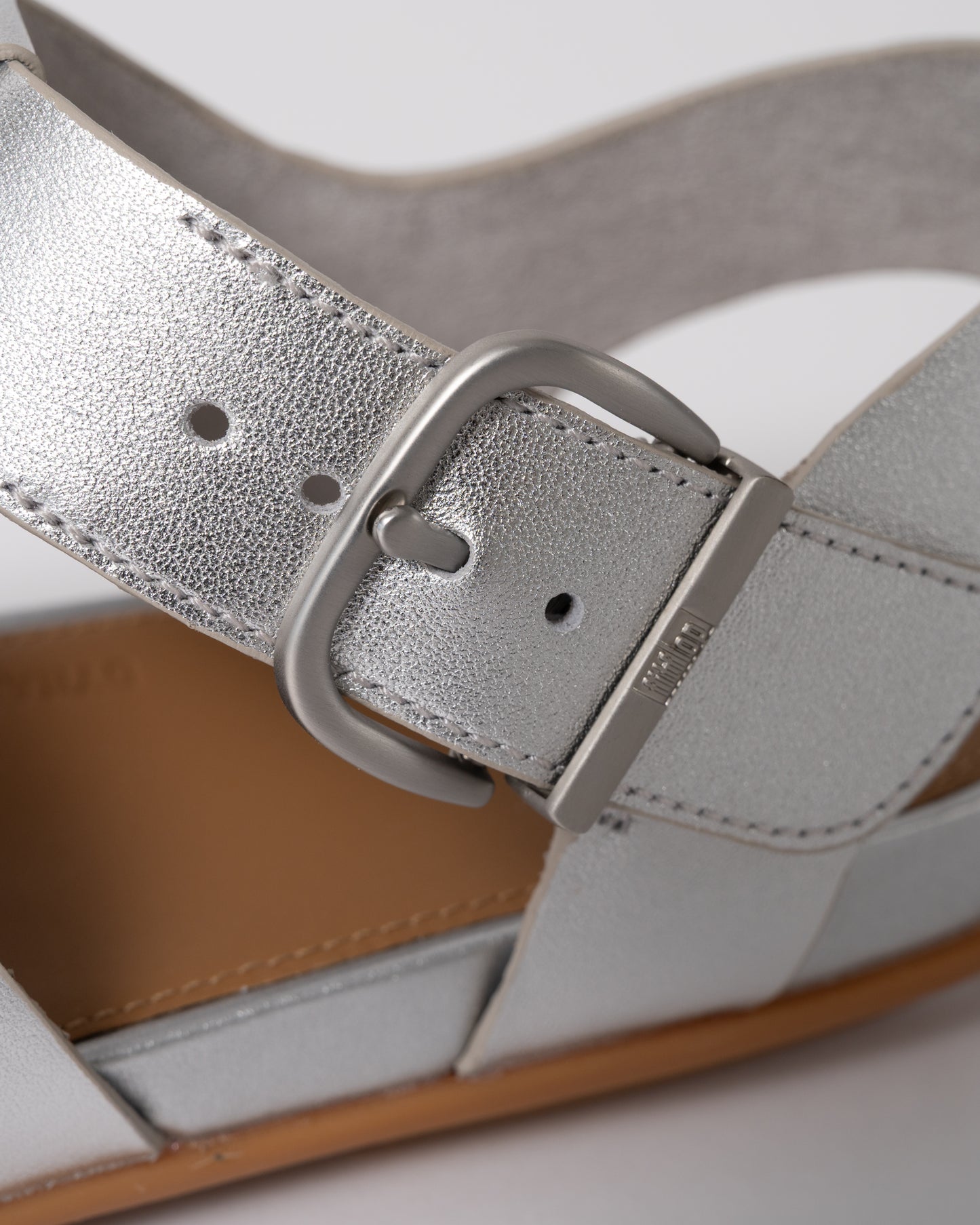 buckle detail of FitFlop Womens Gracie Leather Fisherman Sandals in Silver 011
