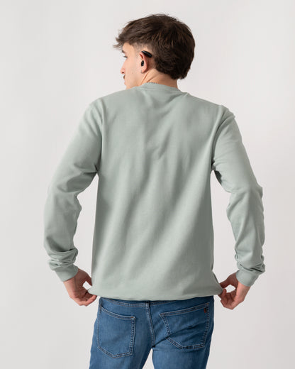 back shot of a model wearing a Fjallraven 1960 Logo Badge Mens Sweatshirt in Misty Green 674
