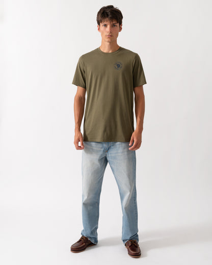 full length of a model wearing a Fjallraven 1960 Logo Mens T-Shirt in Laurel Green 625
