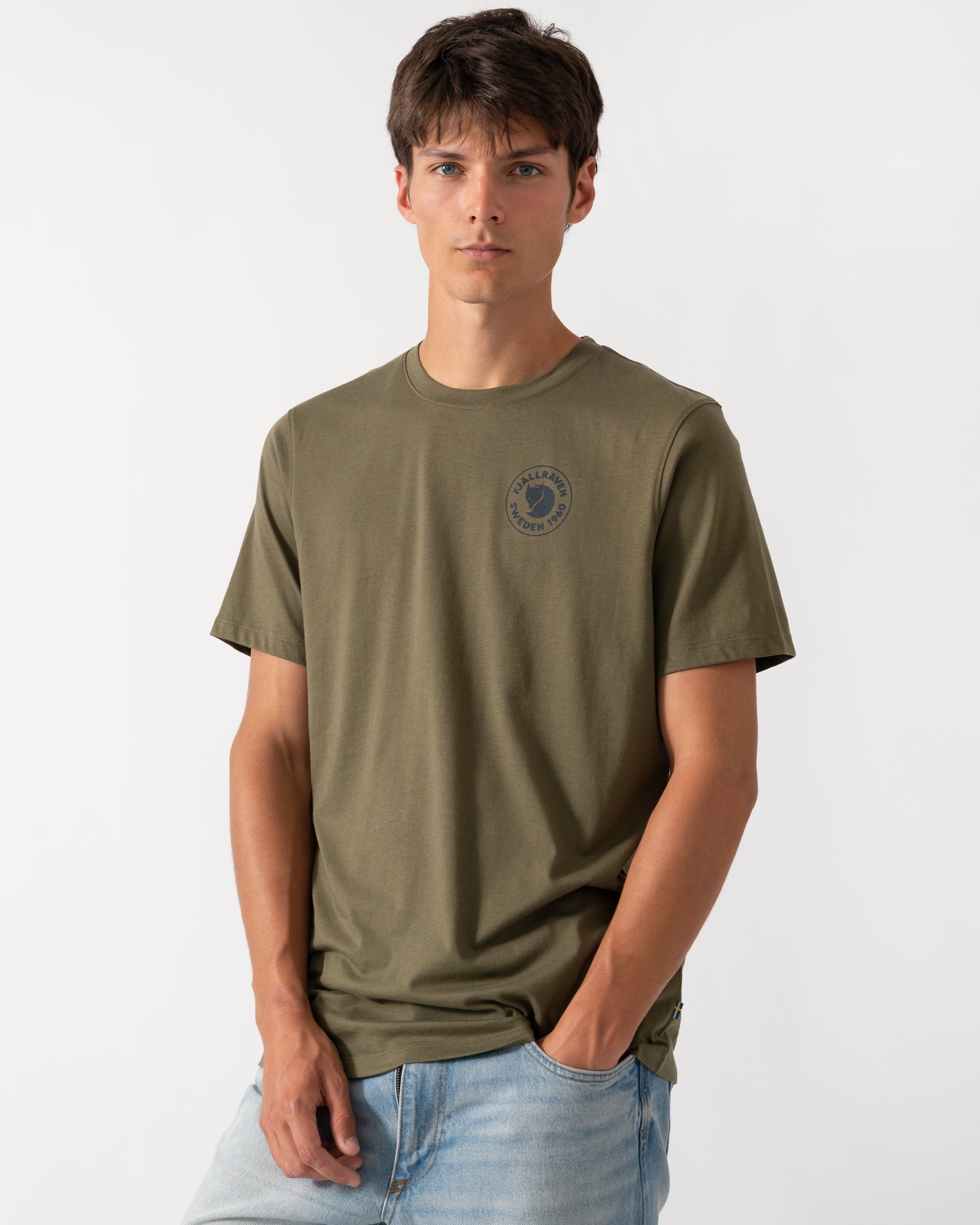 model wearing a Fjallraven 1960 Logo Mens T-Shirt in Laurel Green 625